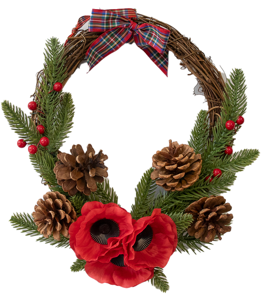 Christmas Poppy Wreath - Red Ribbon (10")
