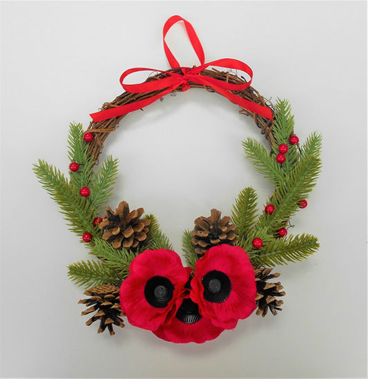 Christmas Poppy Wreath - Red Ribbon (10")